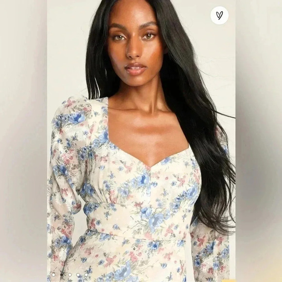 LULU'S Lovely Type Ivory Floral Print Puff Sleeve A-Line Mini Dress Sz Medium - Picture 13 of 13